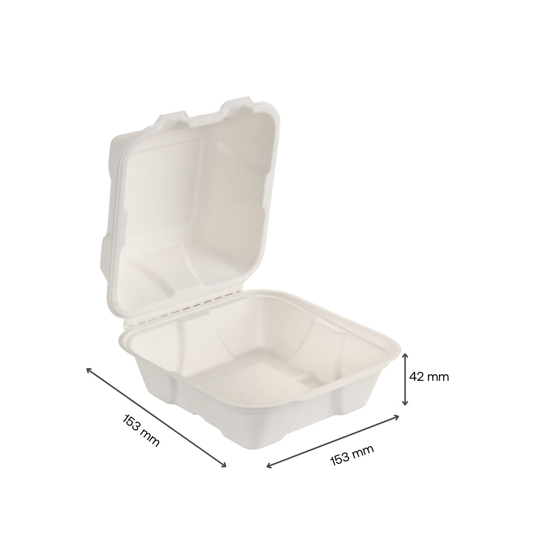 50x 6" x 6" Hinged Lid Clamshell Box. Compostable.