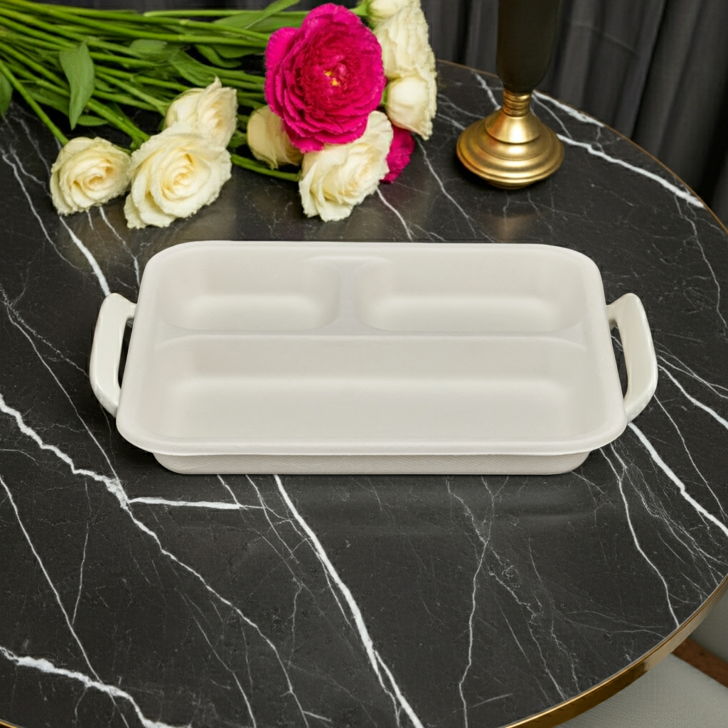 50x 3-compartment Meal Tray (8.5" x 8.5"). Compostable.