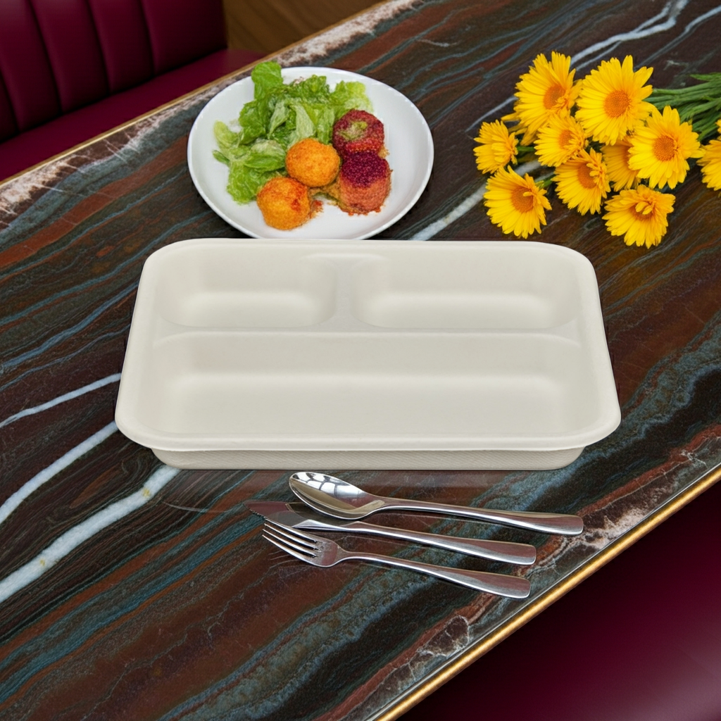 50x 3-compartment Meal Tray (8.5" x 8.5"). Compostable.